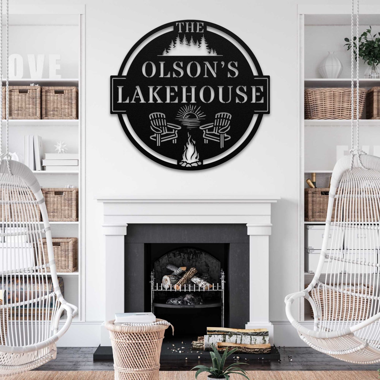 Family Lakehouse Tree Line and Sunset Fire Custom Sign