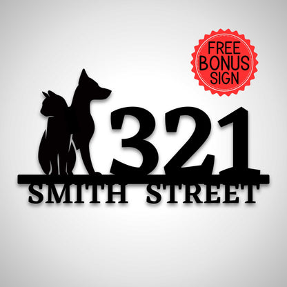 Custom Pet Silhouette Address Sign with Dog and Cat