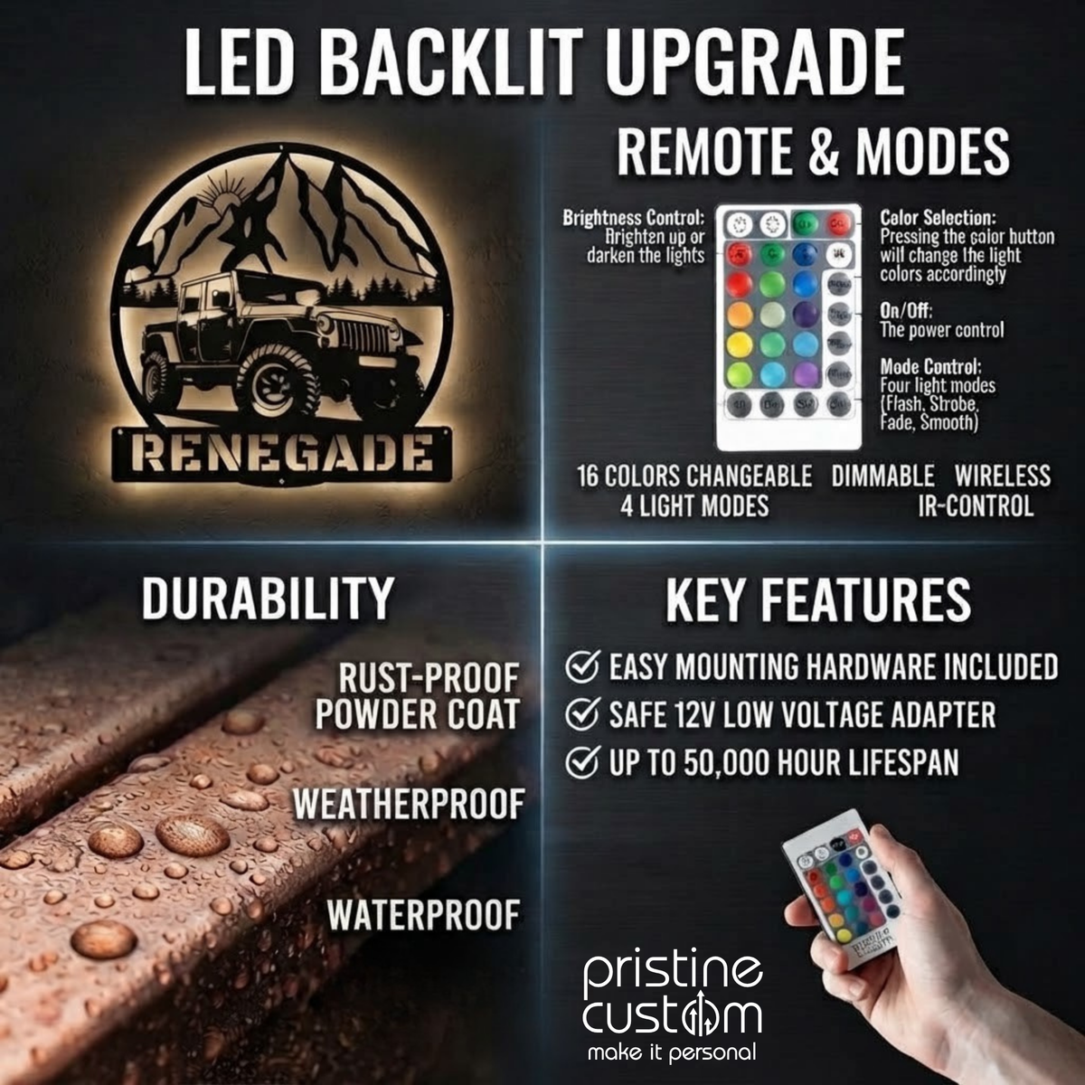 Custom LED backlit metal sign infographic demonstrating multi-color wireless remote lighting options and glow effects
