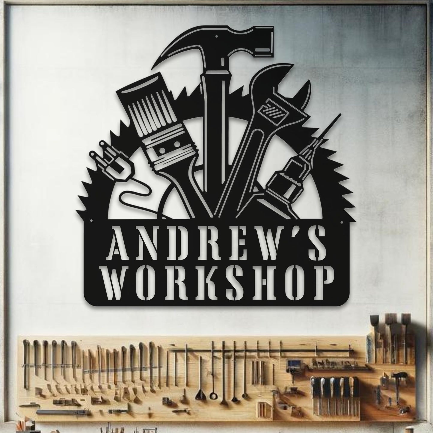 Laser-cut handyman workshop sign showing intricate design and precision