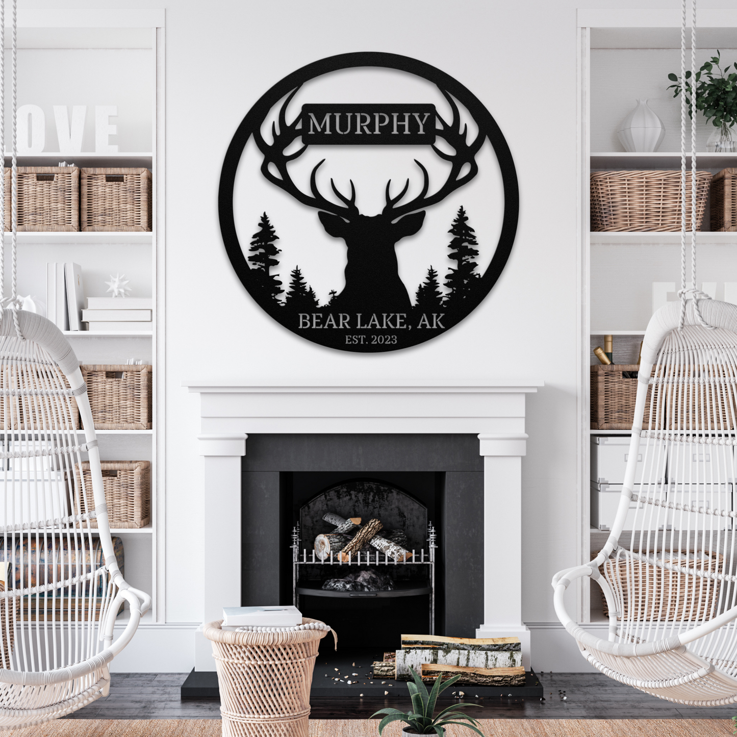Custom Deer Antlers and Trees Family Name Sign