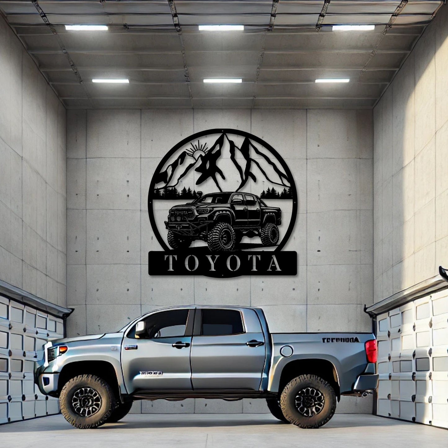 Offroad Toyota truck sign displayed on a garage or workshop wall for a bold statement