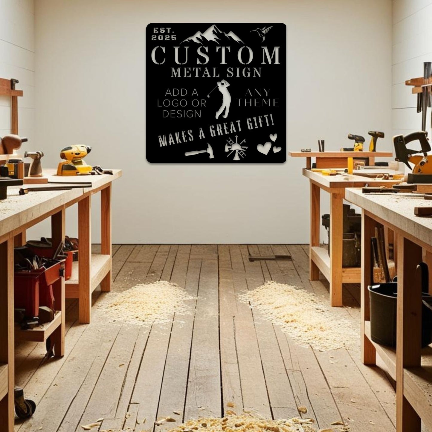 Customizable metal sign displayed in an indoor or outdoor setting