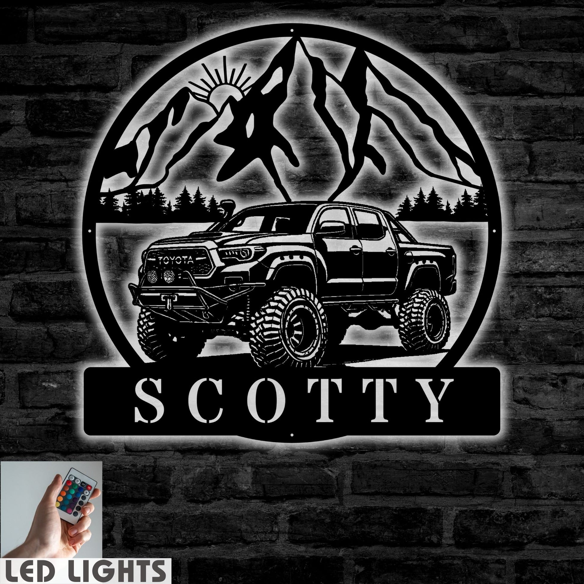 Customizable offroad Toyota truck sign displayed with LED lighting