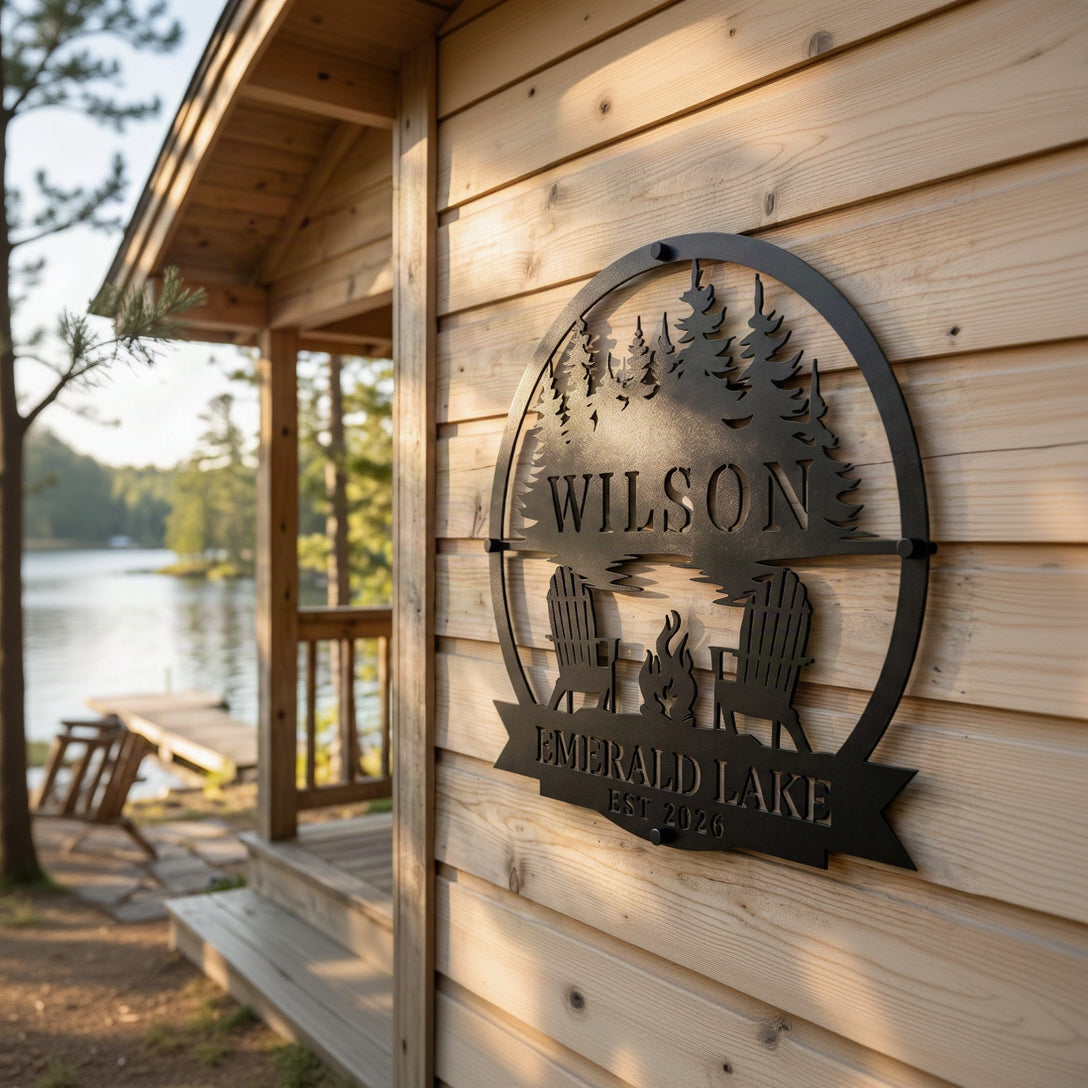 Customized campfire by the lake metal wall art sign in matte black, mounted on light cedar wood cabin siding with a scenic lake view in the background.