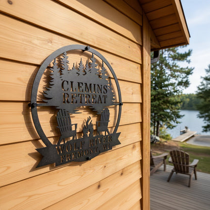 Customized campfire by the lake metal wall art sign in matte black, mounted on light cedar wood cabin siding with a scenic lake view in the background.