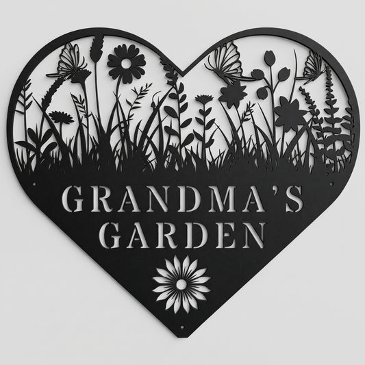 Grandma's Garden custom metal wall art sign featuring a laser-cut heart floral silhouette and matte-black powder-coated finish.
