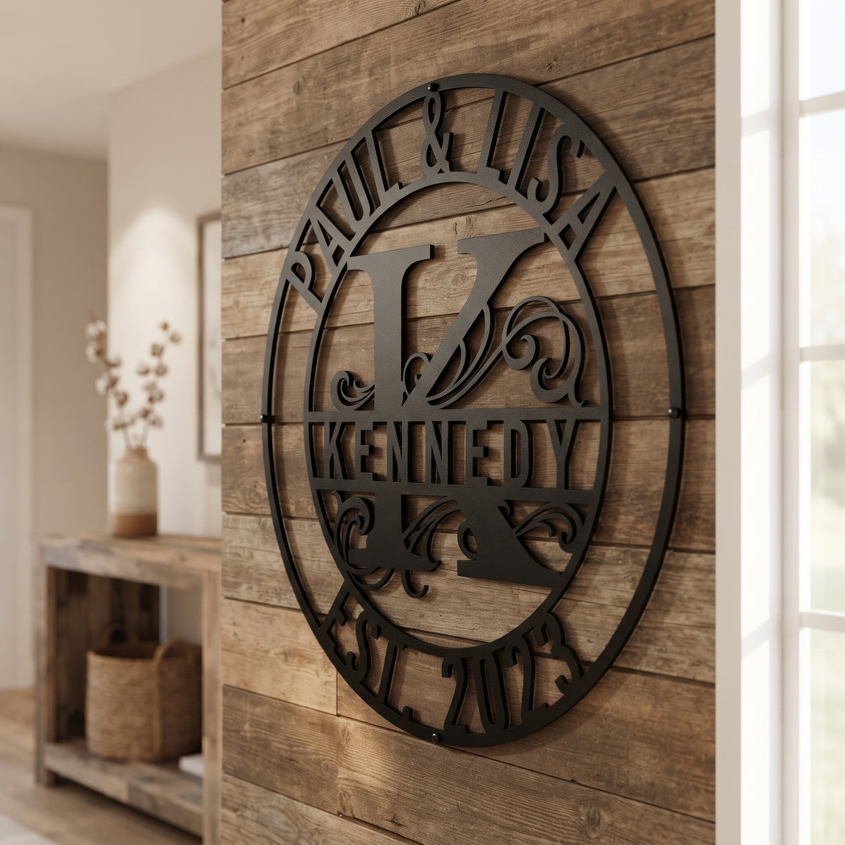 Right-angle side view of a personalized Monogram Family Name metal sign showcasing heavy 16-gauge steel thickness and matte-black finish mounted on a wood wall.