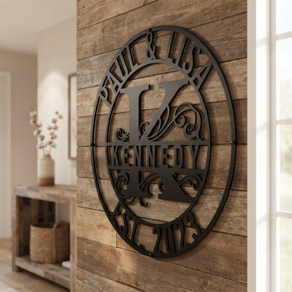 Right-angle side view of a personalized Monogram Family Name metal sign showcasing heavy 16-gauge steel thickness and matte-black finish mounted on a wood wall.